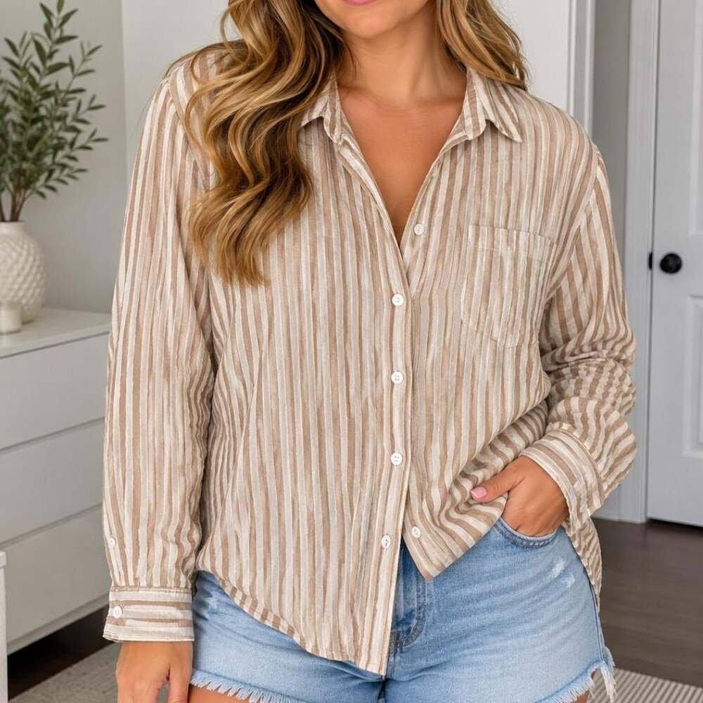 🤎 Jane & Delancey Brown & Beige Striped Button-Up Shirt – Size Small